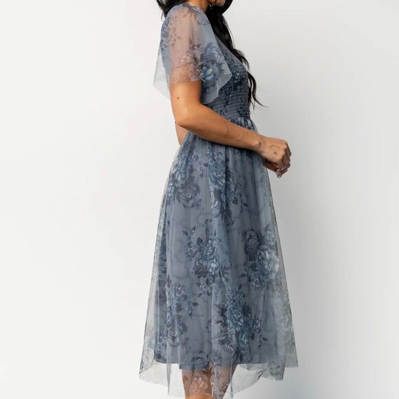 Baltic Born Josie Tulle Midi Dress, Dusty Blue Floral, Size M - Picture 3 of 4